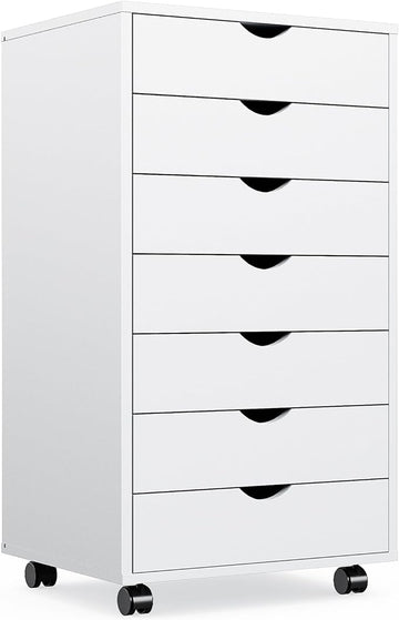 OLIXIS 7 Drawer Chest Wood File Cabinet Rolling Organization Storage Dresser with Wheels for Home Office, 15.75" D x 18.74" W x 34.25" H, White