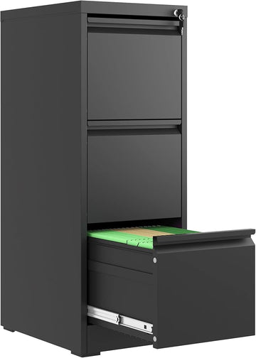 3 Drawer File Cabinet with Lock, Metal Vertical Filing Cabinets for Home Office, Steel Storage Cabinet for Hanging Legal/Letter Size Files, Assembly Required (Black)