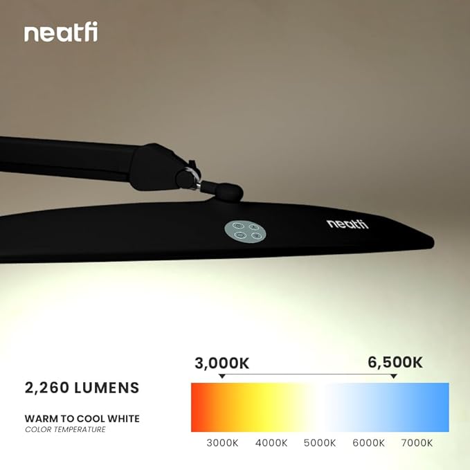 Neatfi Elite HD XL Task Lamp, 3 Adjustable Light Modes, 22 Inches Wide, 2260 Lumens, 84PCS SMD LED, Super Bright Desk Lamp, Non-Polar Dimming (CCT with Clamp, Black, 22 Inches)