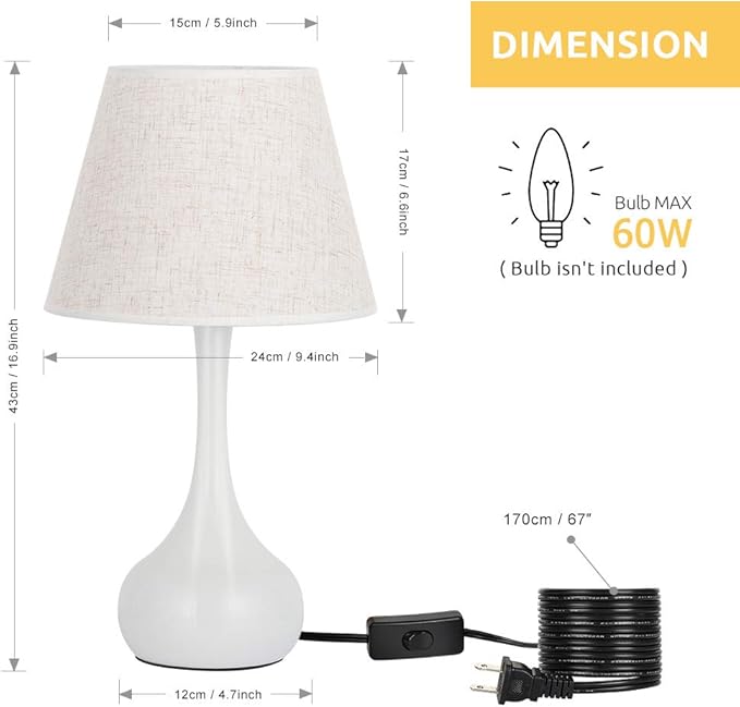SEHERTIWY Table Lamp Set of 2, Small Bedside Lamps for Bedroom, Modern Lamp with White Fabric Shade,Nightstand Desk Lamp for Living Room Rustic Office Dorm