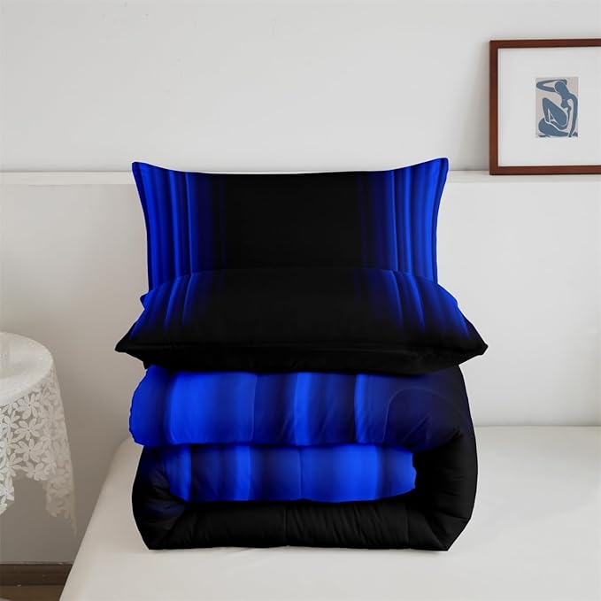 Geometric Abstract Ombre Comforter Set Kids Teens Dark Blue and Black Striped Bedding Bed Set Decor Modern Fashion Comforter Inner Fill Bedroom Collection 3Pcs King Size