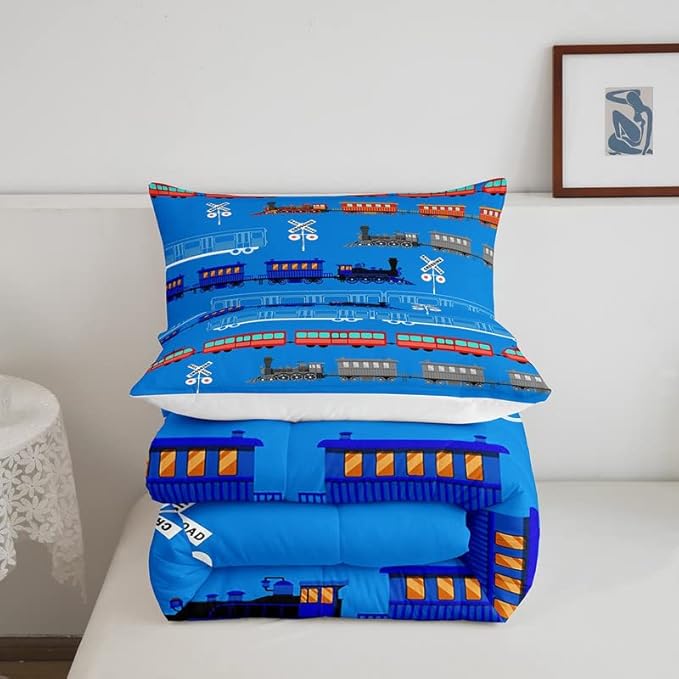 Feelyou Cartoon Car Comforter Set for Kids Boys Girls Vintage Car Comforter Train Bedding Set Bedroom Decor Retro Steam Train Blue Light Sign Duvet Set Twin Size Quilt Set 2Pcs
