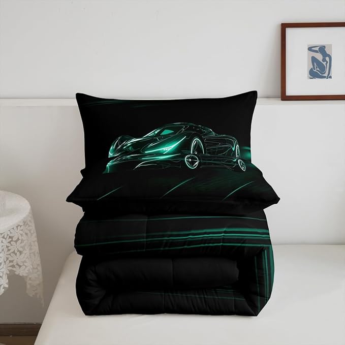 Feelyou Teal Race Car Bedding Set Queen Size for Kids Boys Extreme Sport Games Comforter Set Teens Toddler Fast and Furious Duvet Set Cool Modern Quilt Set 3Pcs