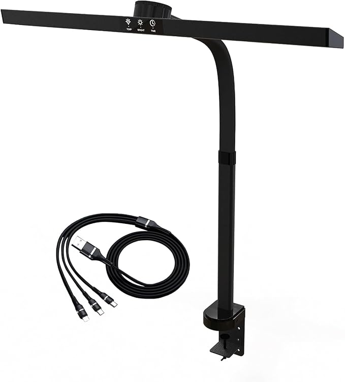 Neatfi LED Desk Lamp with 6-Level Brightness, Adjustable 2700~6500K Color Temperature, 14” Wide, Timer & Charging Port - Touch & Knob Control, 800 Lumens, Dimmable LED Table Light, 24W, CRI 85 (Black)