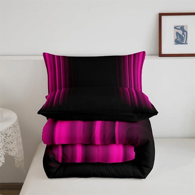 Geometric Abstract Ombre Bedding Bed Set Men Adults Teens Rose Red and Black Striped Comforter Set Kids Boys Girls Simple Modern Comforter Inner Fill Bedroom Collection 3Pcs Full Size