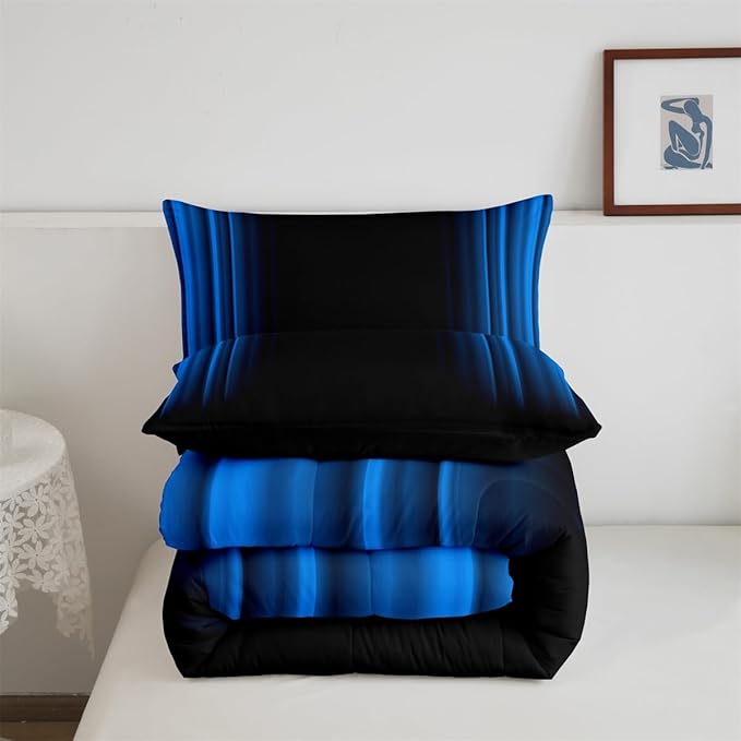 Geometric Abstract Ombre Comforter Set Kids Teens Blue and Black Striped Bedding Bed Set Decor Modern Fashion Comforter Inner Fill Bedroom Collection 2Pcs Twin Size