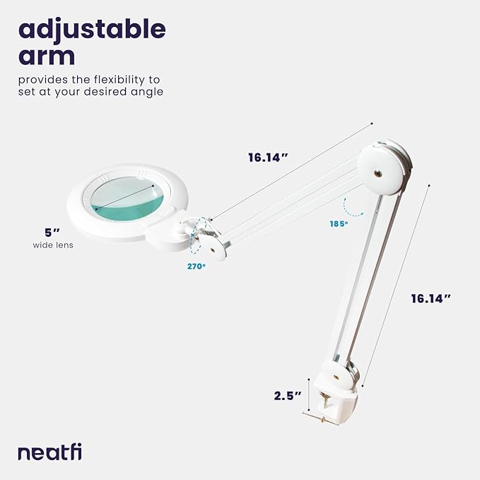 Neatfi (New Model) 1,200 Lumens Super LED Magnifying Lamp with Clamp, 8 Diopter, 5 Inches Wide Lens, Correlated Color Temperature Control, 12W, 120 Pcs SMD LED (White, 5 Inch Lens)