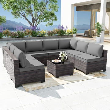 Patio Furniture Set 9-Piece Outdoor Furniture for Backyard Wicker Sectional Sofa Set, Rattan Patio Conversation Set with Thickened Cushions and Glass Coffee Table, Grey
