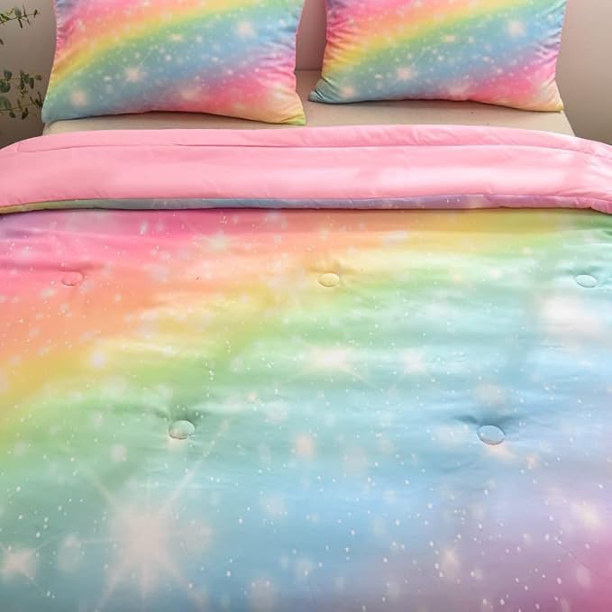 NINENINE Pink Rainbow Bedding Set Girls Bedding Set Queen for Teen Boys Women Soft Microfiber Stars Glitter Bedding Comforter Set -includes 1 Comforter with Matching Pillowcases
