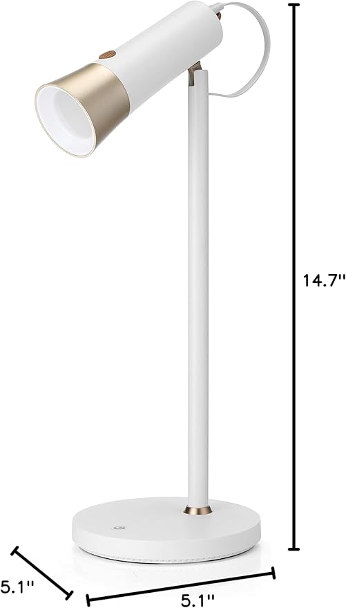 Dimmable LED Desk Light Study Lamp w/Adjustable, Rechargeable & Detachable Head - Home/Dorm/Office Table Lighting for Work, Reading & Studying - White/Gold