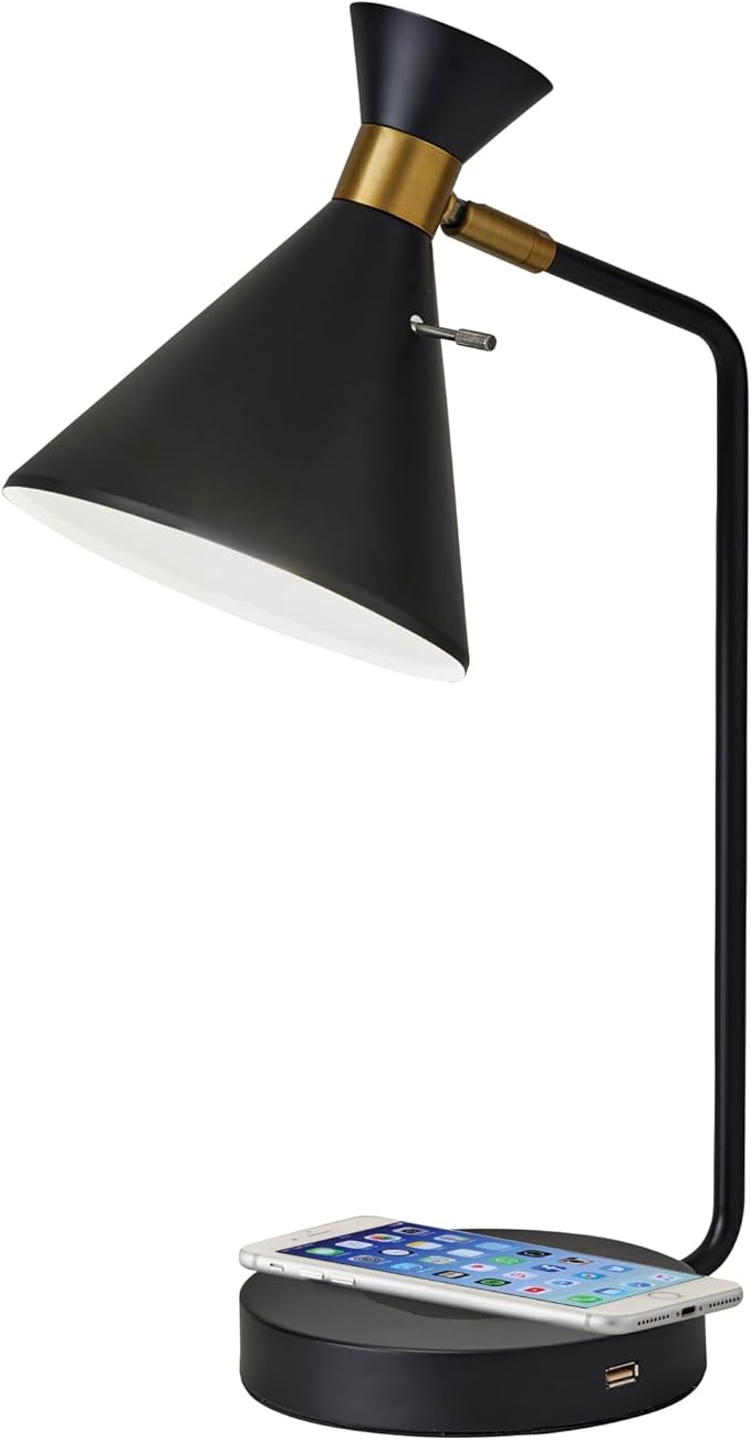 Adesso 4507-01 Maxine Desk Lamp Wireless Charging, 7W LED, 5W QI, USB Port, Indoor Lighting Lamps