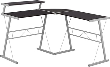 Monarch Specialties L-Shaped Corner Desk with Shelf for Home & Office, 48" L, Cappuccino-Silver Metal Legs,