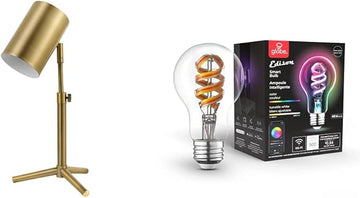Globe Electric 52097 Pratt 18 in. Matte Brass Desk Lamp + 35850 Wi-Fi Smart 7W (40W Equivalent) Multicolor Changing RGB Tunable White Clear LED Light Bulb