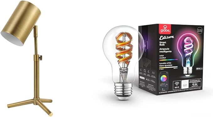 Globe Electric 52097 Pratt 18 in. Matte Brass Desk Lamp + 35850 Wi-Fi Smart 7W (40W Equivalent) Multicolor Changing RGB Tunable White Clear LED Light Bulb