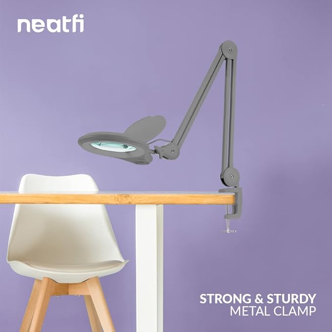 Neatfi (New Model) Bifocals 1,200 Lumens Super LED Magnifying Lamp with Clamp, 5D + 20D, Dimmable, 60 Pcs SMD LED, 5 Inches Diameter Lens, Adjustable Arm Utility Clamp (5 Diopter + 20 Diopter, Silver)