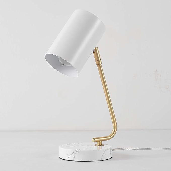 Globe Electric Novogratz x 65784 Athena 15" Desk Lamp, White Shade, Brass Arm, White Faux Marble Base