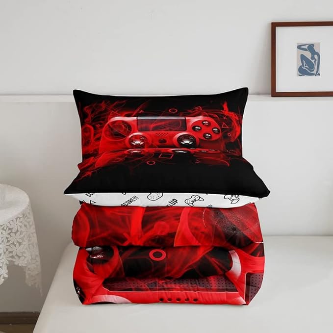 Feelyou Kids Gaming Comforter Set Twin Size Gamer Bedding Set for Boys Teens Gamer Bedroom Decor Youth Video Game Comforter Red Black Geometry with 1 Pillow Case