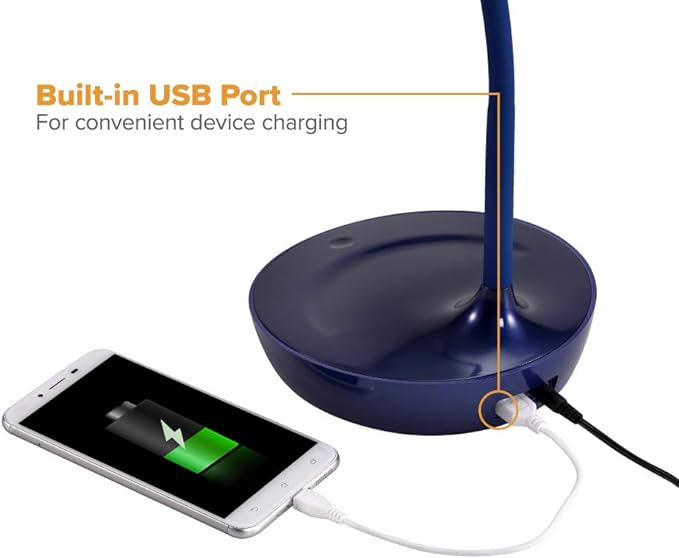 Bostitch Office KT-VLED1502-BLUE Gooseneck LED Desk Lamp with USB Charging Port, Dimmable, Navy Blue