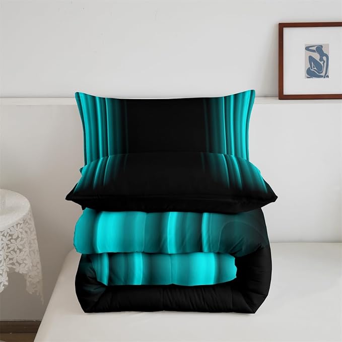 Geometric Abstract Ombre Comforter Set Kids Teens Teal and Black Striped Bedding Bed Set Decor Modern Fashion Comforter Inner Fill Bedroom Collection 3Pcs King Size
