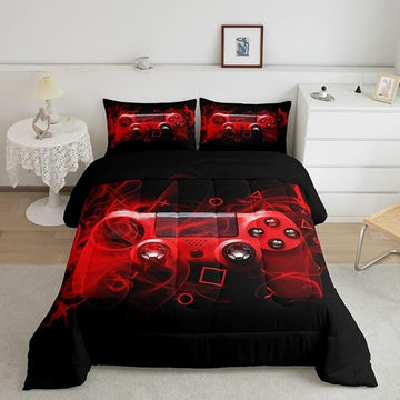 Kids Gaming Comforter Set Full Size Gamer Bedding Set for Boys Teens Gamer Bedroom Decor Youth Video Game Comforter Red Black Geometry with 2 Pillow Case
