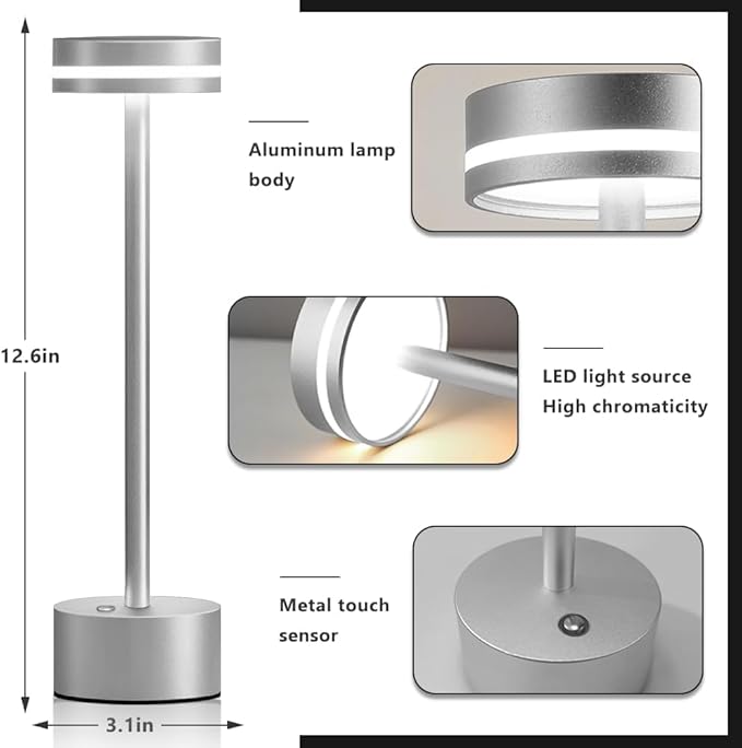 Cordless Metal Desk Lamp,Portable LED Table Lamp with Touch Sensor,3 Color Rechargeable Lamp,3-Levels Brightness Lamp,Night Light for Kids Nursery,Bedside Lamp,Dining Room Lamp (Silver)