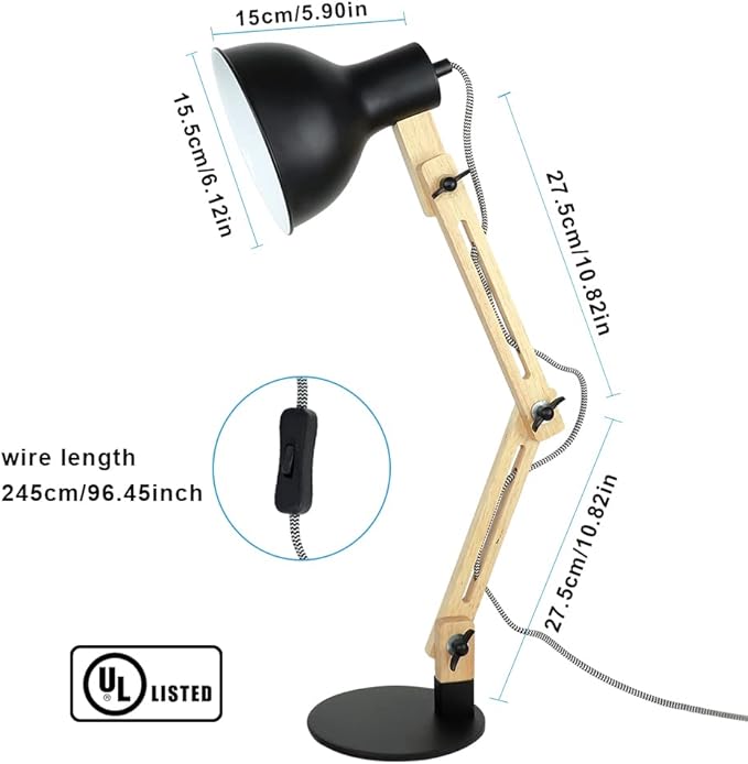 DLLT Swing Arm Desk Lamp, Wood Adjustable Gooseneck Table Lamp, Modern Architect Desk Light, Reading Light for Work, Study, Bedroom, Home Office, College Dorm, Black Metal Shade, E26 Bulb Included