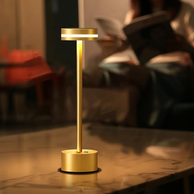 Cordless Metal Desk Lamp,Portable LED Table Lamp with Touch Sensor,3 Color Rechargeable Lamp,3-Levels Brightness Lamp,Night Light for Kids Nursery,Bedside Lamp,Dining Room Lamp (Gold)
