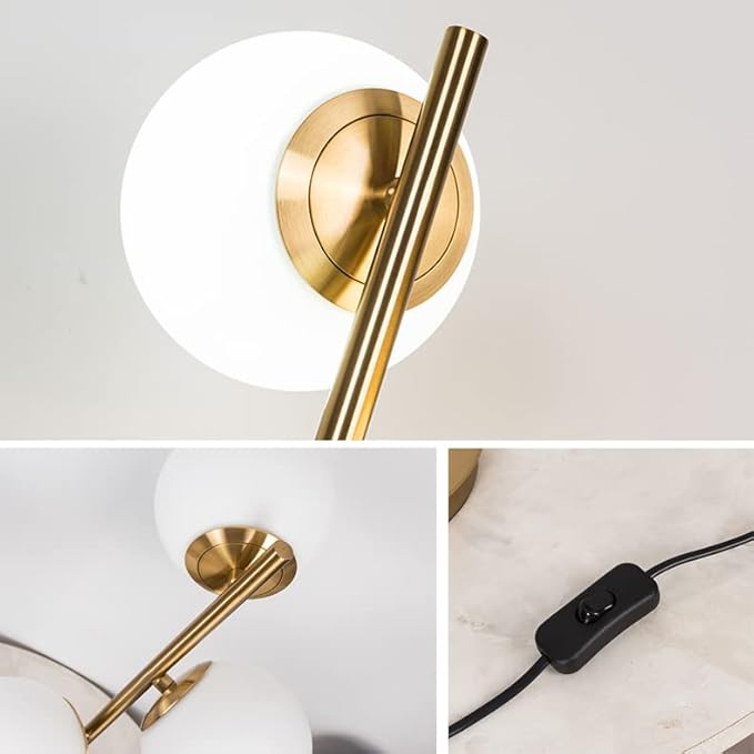 Mid Century Table Lamp, Modern 3 Lamp Gold Desk Lamp Retro with White Frosted Glass Lampshade Adjustable Brightness, Suitable for Desk Lamp Bedrooms, Living Rooms, Study, Library