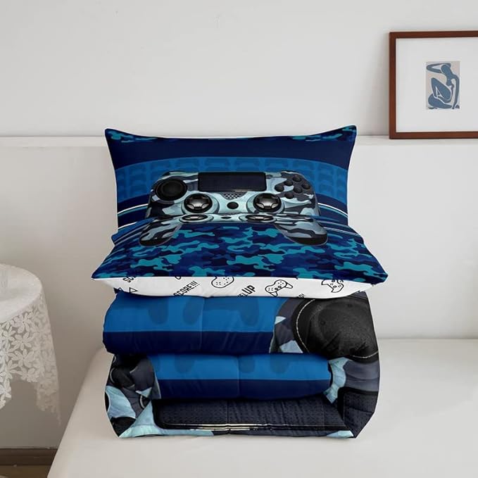 Feelyou Gamer Comforter Set Camouflage Gaming Video Game Bedding Set for Kids Boys Children Blue Camo Gamer Console Comforter Soft Gamepad Decor Quilt Set Twin Size