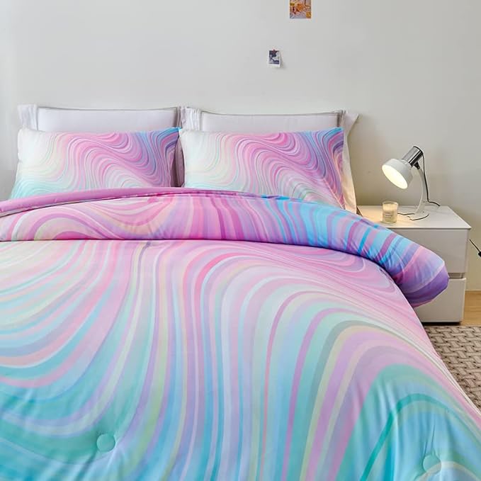 Girls Pink Comforter Twin,Pink Bedding Set for Girls,Tie Dye Comforter Set,Kids Comforter Set for Girls,Blue Pink Teen Comforter Twin with 2 Pink Pillowcases,Rainbow Comforter Set