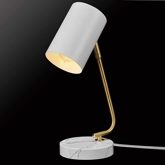 Globe Electric Novogratz x 65784 Athena 15" Desk Lamp, White Shade, Brass Arm, White Faux Marble Base