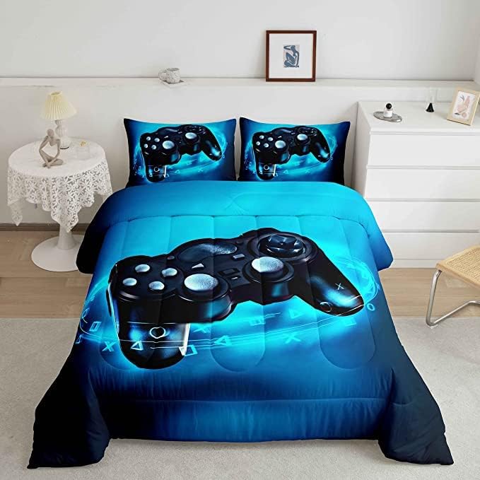 Feelyou Gaming Bedding Set for Boys Gamer Comforter Set for Teens Kids Gamer Room Decor Blue Video Games Comforter Duvet Set King Size Gamepad Quilted All Season 1 Comforter with 2 Pillow Cases
