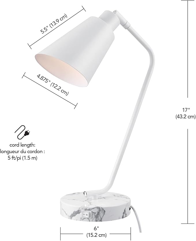 Globe Electric 52295 Belmont 17" Desk Lamp, Matte White, White Faux Marble Base, 2.1A USB Port, On Off Rocker Switch at Base
