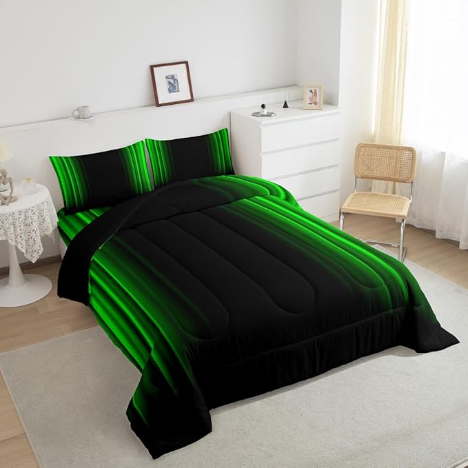 Feelyou Geometric Abstract Ombre Bedding Bed Set Men Adults Teens Green and Black Striped Comforter Set Kids Boys Girls Simple Modern Comforter Inner Fill Bedroom Collection 3Pcs Queen Size