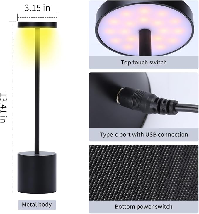2 Pack Cordless Table Lamp, Led Bedside Lamp Rechargeable Desk Lamp, 5200mah Battery Portable Desk Lamp, Adjustable Light Brightness, Suitable for Restaurants, Indoor, Outdoor, Study (Black)