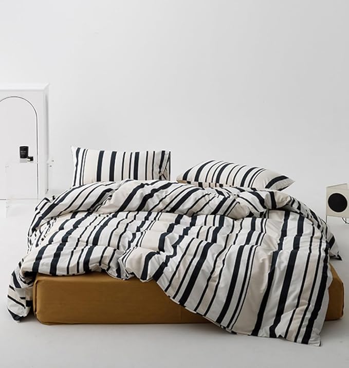Striped Comforter Set King Black and White Comforter Men Women Modern Chic Stripes Bed Comforters Beige Black Striped King Ticking Bedding Comforter Set All Season Hotel Quality Bed Set
