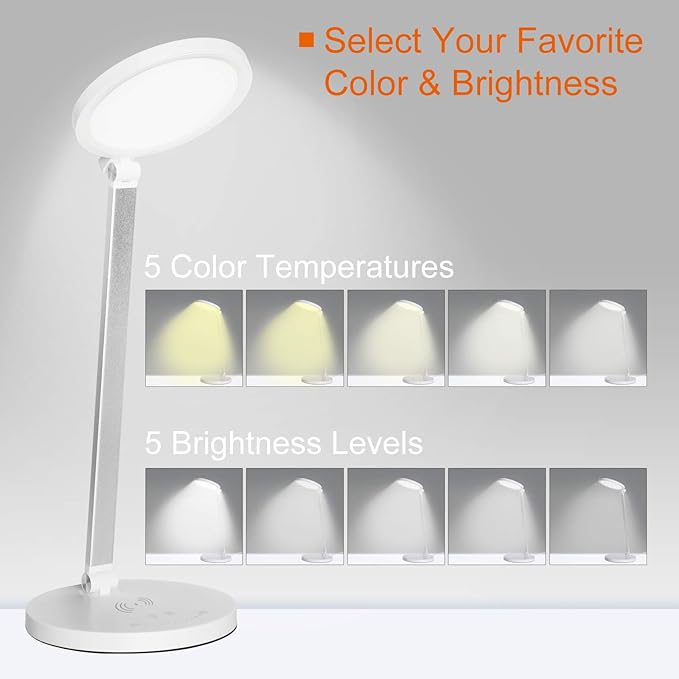 LED Desk Lamp Wireless Charger, Aluminum Dimmable Eye-Caring Table Lamp with 5 Lighting Models with 5 Brightness Levels, Touch Control and Memory Function, USB Charging Port, 8W, White……