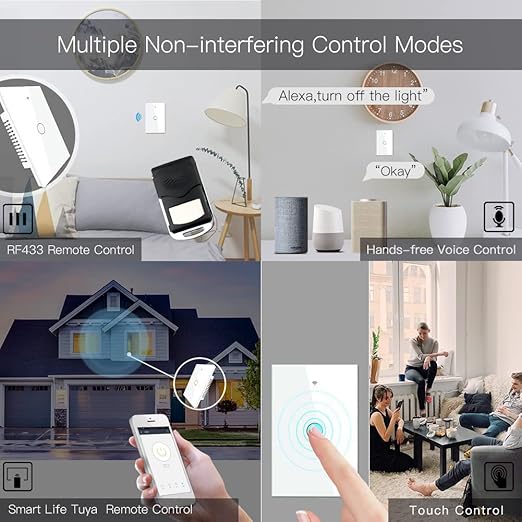 MOES 2.4GHz WiFi Wall Touch Smart Switch Neutral Wire Required, 3 Way Multi-Control, Glass Panel Light Switch Work with Smart Life/Tuya App, RF433 Remote Control, Alexa and Google Home White 1 Gang