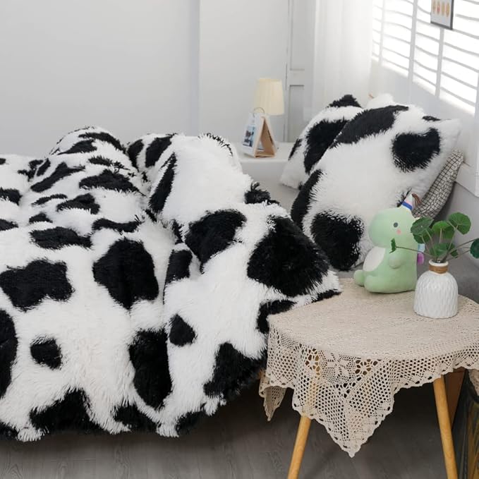 Faux Fur Kids Girls Cow Print Comforter Sets Queen - 3PC Bed Set Warm Comfortable Soft Plush Flannel Velvet Fluffy Fuzzy Bedding（Comforter x 1 Pillowcases x 2）
