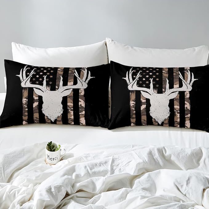 Erosebridal Brown Camo Deer Bedding Comforter Sets, American Flag Comforter Set Queen Size for Boys Teens, Western Farmhouse Antlers Bedding Retro Camouflage Geometry Striped Quilt 3 Pcs