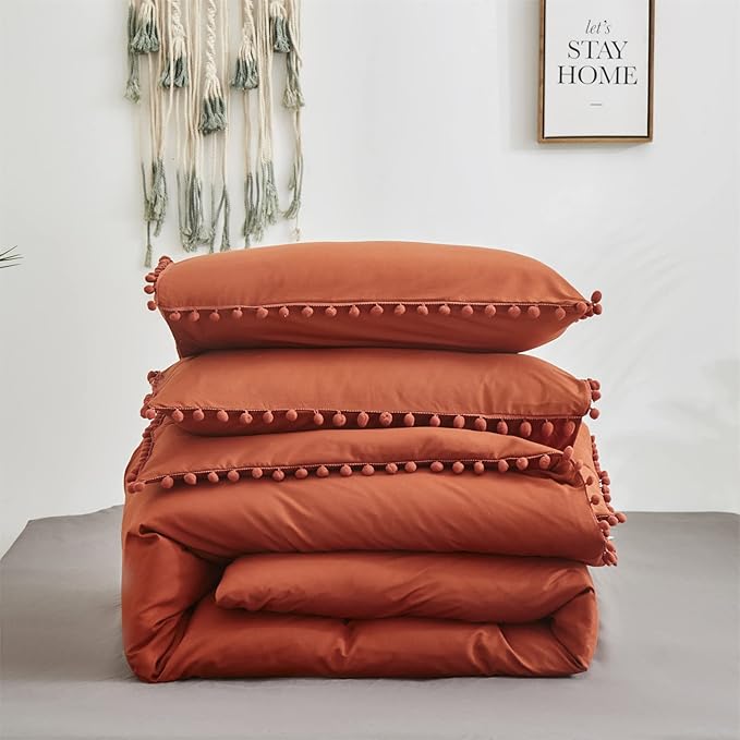 Burnt Orange Comforter Set King Size Rust Pom Comforter 3 PCs Burnt Orange Boho Ball Pom Fringe King Comforter Bedding Set Women Solid Terracotta King Bed Comforter Set All Season Gift