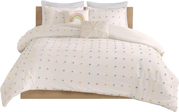 Duvet Cotton Jacquard Weave Colorful Poms Accent, Shabby Chic Cover for Comforter Cozy Bedding Set, Matching Shams, Decorative Pillows, Full/Queen, Multi, Twin/Twin XL, 4 Piece