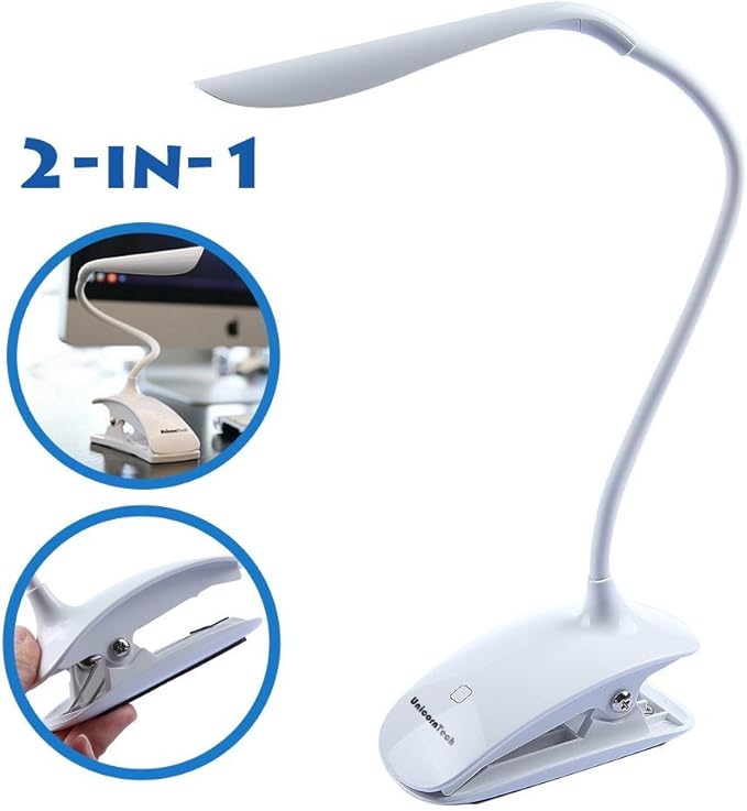 Clip Desk Lamp Table LED Bulb Lamps Set USB Outlet White Modern Shade Gooseneck Dimmable Light Clamp Base Touch Sensor Switch Charging Battery Office Room Bedroom Dorm Kids Small Girls Study Reading
