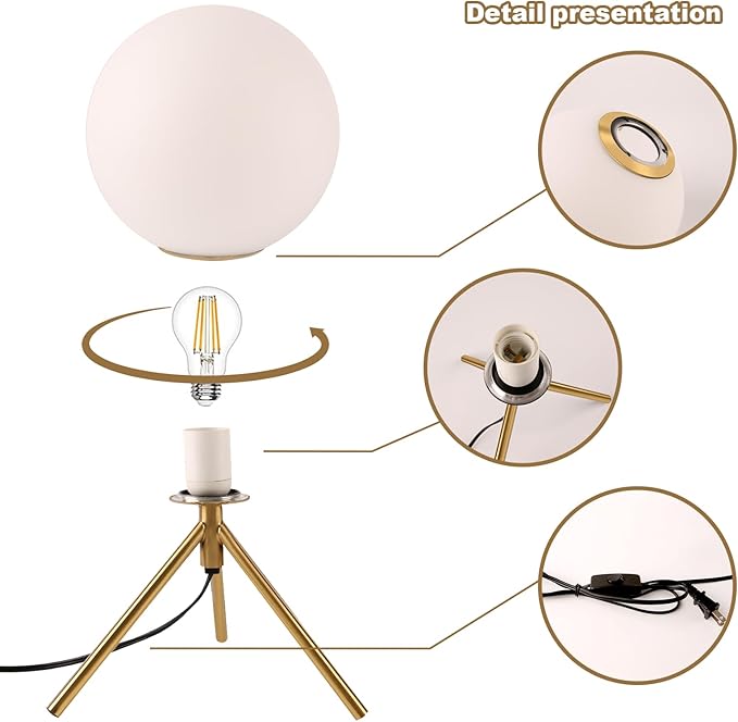 Mid century modern desk lamp with a golden base and white glass ball lampshade, suitable for 3 tone lighting in bedside bedrooms, living rooms, offices, libraries, and study rooms