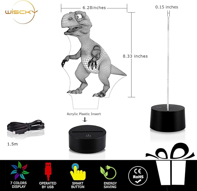 Night Lights for Kids Dinosaur 3D Night Light Lamp Wiscky 7 LED Colors Changing Touch Table Desk Lamps Decorative Lighting Pretty Cool Toys Gifts Birthday Holiday Xmas for Baby Nursery Toddler Friends