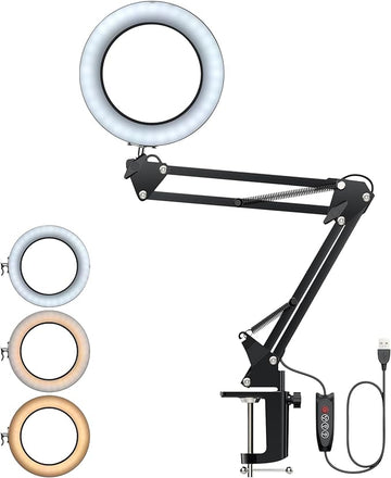 8X Lighted Magnifying Glass Lamp, Adjustable Magnifying Glass with Light Clamp Swivel Arm LED 3 Color Modes,10 Brightness Levels, Hands Free Magnifier for Hobby Close Work, Repair, Reading