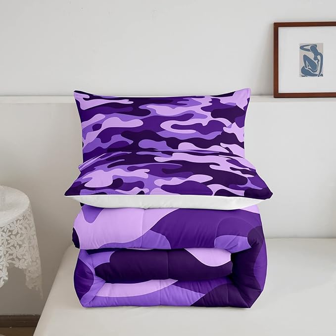 Feelyou Twin Size Camouflage Comforter Set 3Pcs Kids Bedding Set for Boys Girls Teens 1 Comforter & 2 Pillowcases(Twin,Purple)