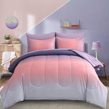 Dinjoy Girls Comforter Set Full Size Colorful Rainbow Ombre Pink Purple Light Blue Bedding Set Gradient 7 Pieces Bed in A Bag for Kids Teen Women(1 Comforter, 1 Flat Sheet, 1 Fitted Sheet)