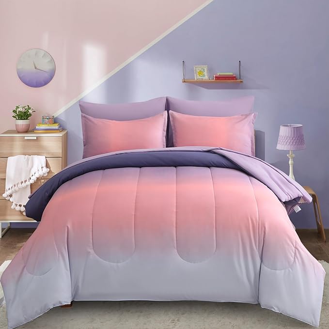 Dinjoy Girls Comforter Set Twin XL Size Rainbow Ombre Pink Purple Light Blue Bedding Set Gradient 6 Pieces Bed in A Bag for Kids Teen Women(1 Comforter, 1 Flat Sheet, 1 Fitted Sheet)