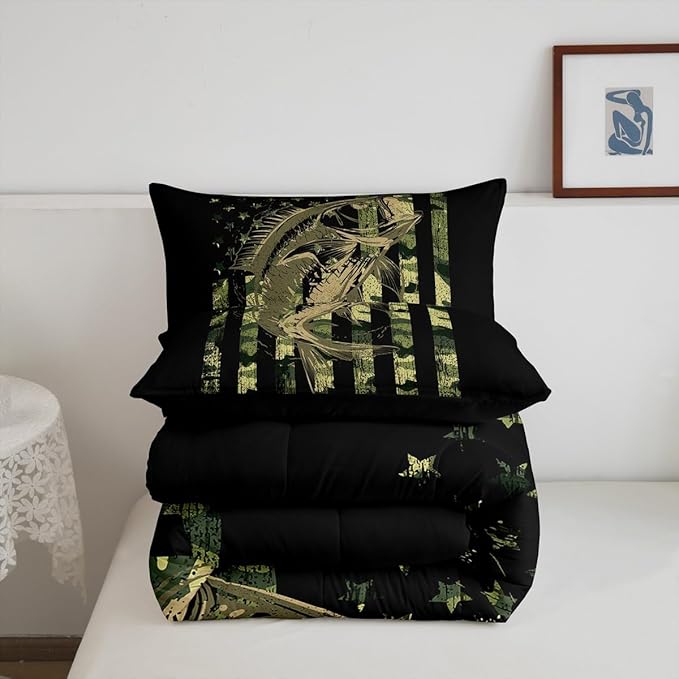 Bass Fish Camouflage Comforter Set King Pike Fish Camo Bedding Set for Women Men Room Kids Farmhouse Fishing Decor Comforter Fishman Wild Quilt Set Down Comforter Green Black King Size